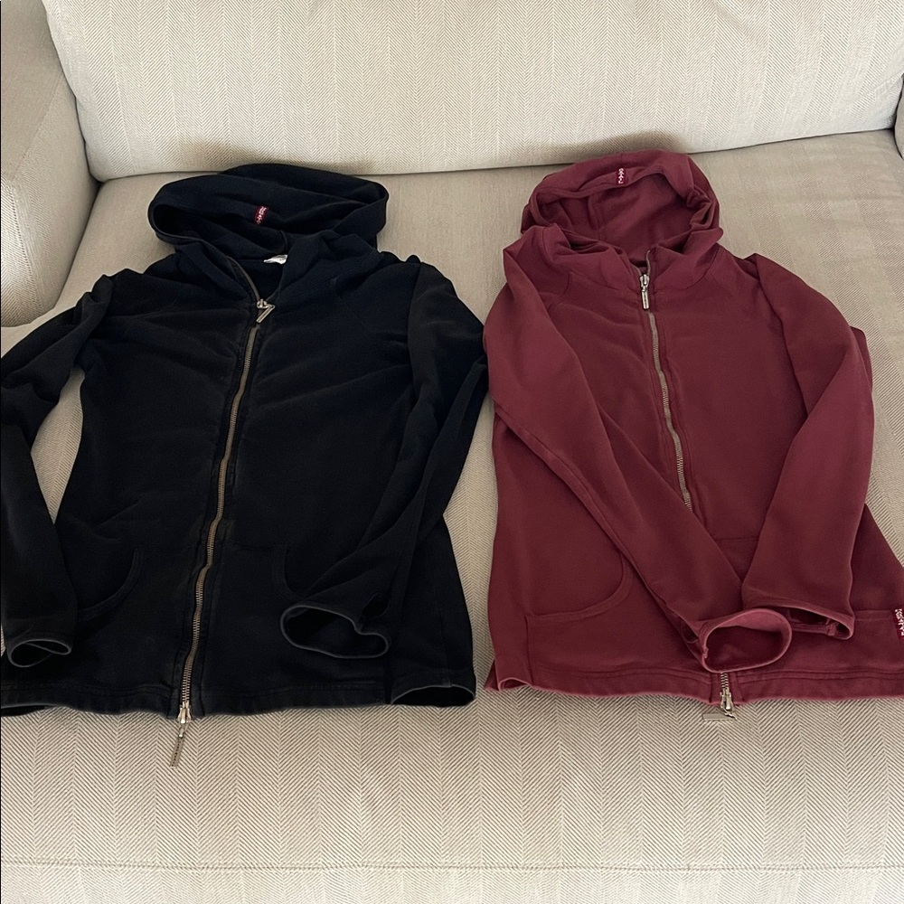 Black and Burgundy Zip-Up Hoodies
